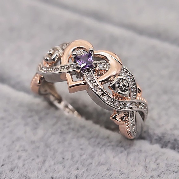 New Two Tone 925 Silver Hearts Shaped Crystal Ring - Picture 6 of 6